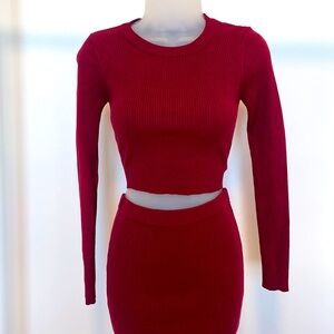Two Piece Sweater Skirt Set - Wine/Burgundy S